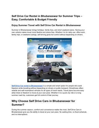 Self Drive Car Rental in Bhubaneswar for Summer Trips – Easy, Comfortable & Budget Friendly
