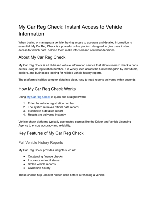 Instant Access to Vehicle Information - My Car Reg Check