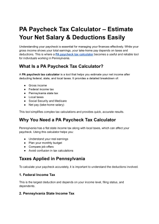 PA Paycheck Tax Calculator – Estimate Your Net Salary & Deductions Easily