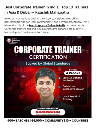 Best Corporate Trainer in India  Top 10 Trainers in Asia & Dubai — Kaushik Mahapatra