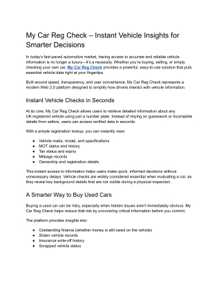 My Car Reg Check – Instant Vehicle Insights for Smarter Decisions