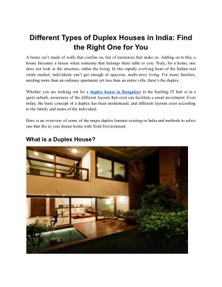 Exploring Different Types of Duplex Houses in India: A Guide to Choosing Your Id