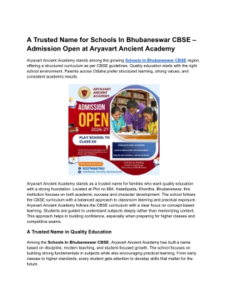 A Trusted Name for Schools In Bhubaneswar CBSE – Admission Open at Aryavart Ancient Academy