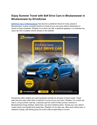 Enjoy Summer Travel with Self Drive Cars in Bhubaneswar in Bhubaneswar by DriveZones