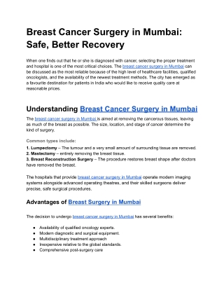 Breast Cancer Surgery in Mumbai- Safe, Better Recovery