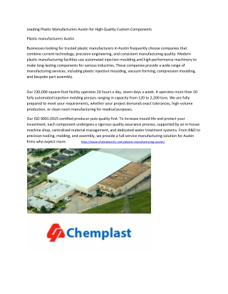 Leading Plastic Manufacturers Austin for High-Quality Custom Components