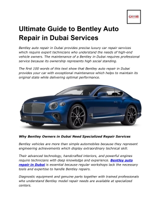Ultimate Guide to Bentley Auto Repair in Dubai Services