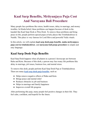 Kaal Sarp Benefits, Mrityunjaya Puja Cost And Narayana Bali Procedure
