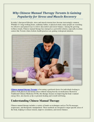 Why Chinese Manual Therapy Toronto Is Gaining Popularity for Stress