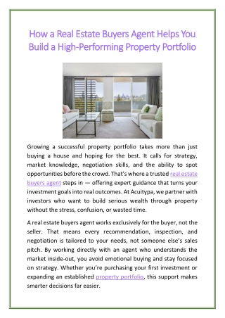 How a Real Estate Buyers Agent Helps You Build a High-Performing Property Portfolio