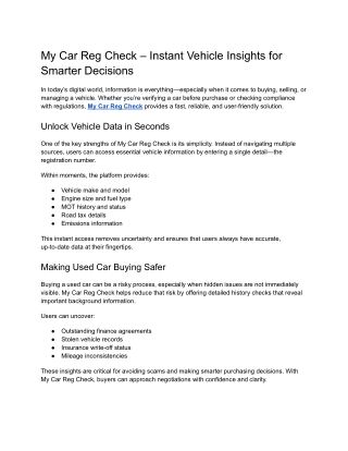 My Car Reg Check – Instant Vehicle Insights for Smarter Decisions