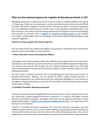 Why Use Recruitment Agency for Logistics & Warehouse Needs in UK