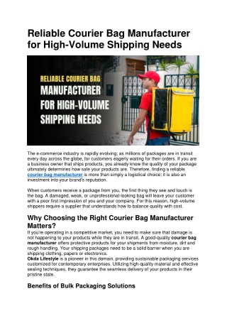 Reliable Courier Bag Manufacturer for High-Volume Shipping Needs