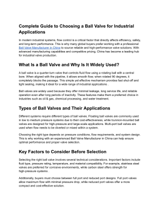 Complete Guide to Choosing a Ball Valve for Industrial Applications