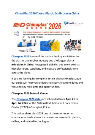 Chinaplas 2026 Dates: Plastic Exhibition in China