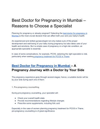 Best Doctor for Pregnancy in Mumbai – Reasons to Choose a Specialist