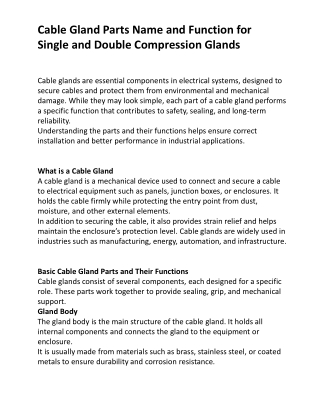 Cable Gland Parts Name and Function for Single and Double Compression Glands