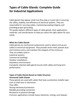 Types of Cable Glands Complete Guide for Industrial Applications
