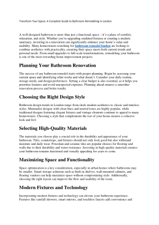 Transform Your Space A Complete Guide to Bathroom Remodeling in London