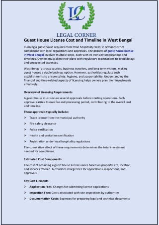 Guest House License Cost and Timeline in West Bengal