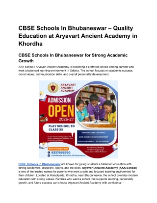 CBSE Schools In Bhubaneswar – Quality Education at Aryavart Ancient Academy in Khordha