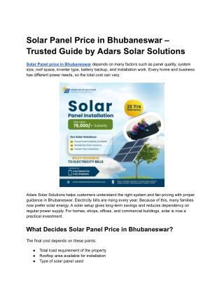 Solar Panel Price in Bhubaneswar – Trusted Guide by Adars Solar Solutions