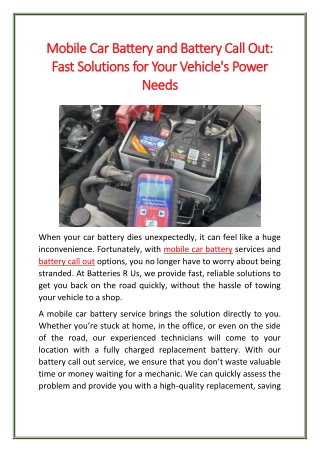 Mobile Car Battery and Battery Call Out Fast Solutions for Your Vehicle's Power Needs