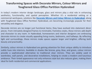 Transforming Spaces with Decorate Mirrors, Colour Mirrors and Toughened Glass Office Partition Hyderabad