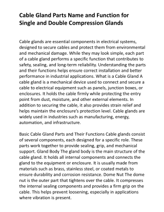 Cable Gland Parts Name and Function for Single and Double Compression Glands
