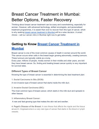 Breast Cancer Treatment in Mumbai- Better Options, Faster Recovery