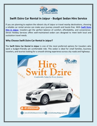 Swift Dzire Car Rental in Jaipur - Budget Sedan Hire Service