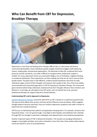 Who Can Benefit from CBT for Depression, Brooklyn Therapy