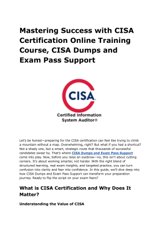 Mastering Success with CISA Certification Online Training Course, CISA Dumps and Exam Pass Support