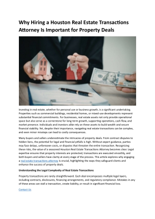Why Hiring a Houston Real Estate Transactions Attorney Is Important for Property Deals