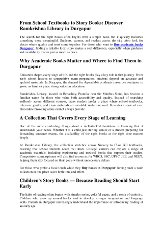 From School Textbooks to Story Books Discover Ramkrishna Library in Durgapur