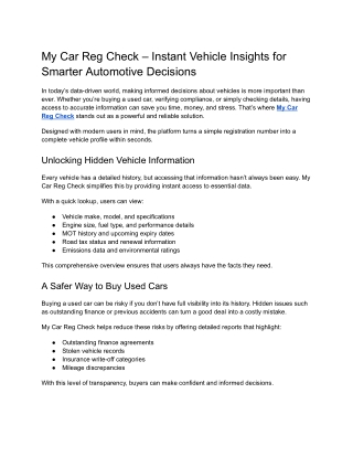 My Car Reg Check – Instant Vehicle Insights for Smarter Automotive Decisions