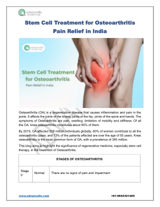 Stem Cell Treatment for Osteoarthritis Pain Relief in India