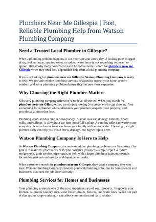 1- plumbers near me Gillespie  Fast, Reliable Plumbing Help from Watson Plumbing Company