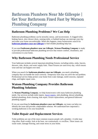 3- bathroom plumbers near me Gillespie  Get Your Bathroom Fixed Fast by Watson Plumbing Company