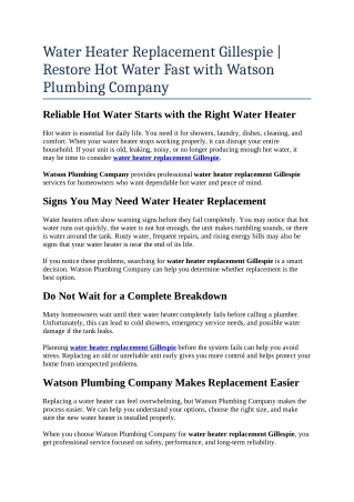 4- water heater replacement Gillespie  Restore Hot Water Fast with Watson Plumbing Company