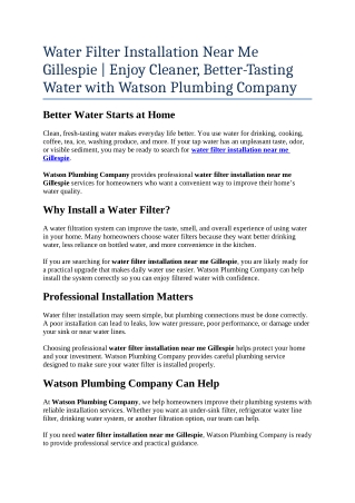 5- water filter installation near me Gillespie  Enjoy Cleaner, Better-Tasting Water with Watson Plumbing Company
