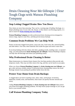7- drain cleaning near me Gillespie  Clear Tough Clogs with Watson Plumbing Company