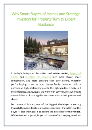 Why Smart Buyers of Homes and Strategic Investors for Property Turn to Expert Guidance