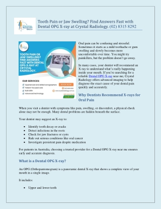 Tooth Pain or Jaw Swelling Find Answers Fast with Dental OPG X-ray at Crystal Radiology. (02) 8315 8292