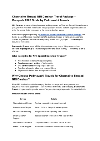 Chennai NRI Darshan Package – Padmavathi Travels