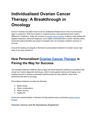 Individualised Ovarian Cancer Therapy- A Breakthrough in Oncology
