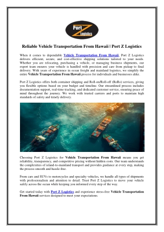 Reliable Vehicle Transportation From Hawaii - Port Z Logistics