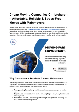 Affordable and Reliable Moving Services in Christchurch with Mainmovers