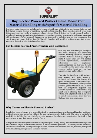 Buy Electric Powered Pusher Online Boost Your Material Handling with Superlift Material Handling