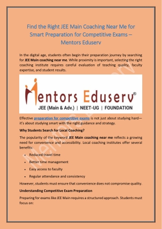 Find the Right JEE Main Coaching Near Me for Smart Preparation for Competitive